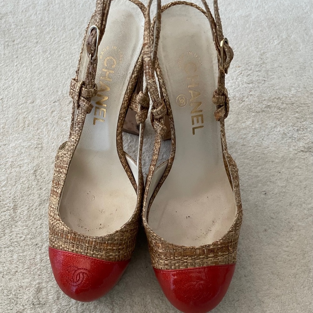 Chanel woven sling back platform pumps